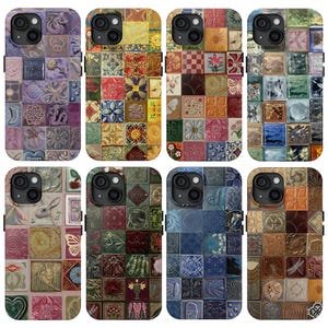 May include: A collection of phone cases featuring a mosaic tile design. Each case showcases a unique arrangement of square tiles in various colors and patterns, including floral, geometric, and nature-inspired motifs. The cases are designed for a smartphone.