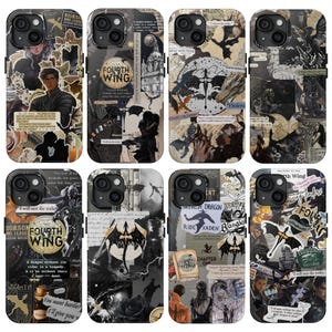 May include: A collection of phone cases with various designs. The cases feature a collage aesthetic with images of dragons, text, and illustrations. The color palette is primarily black, white, and shades of gray, creating a gothic or fantasy theme.