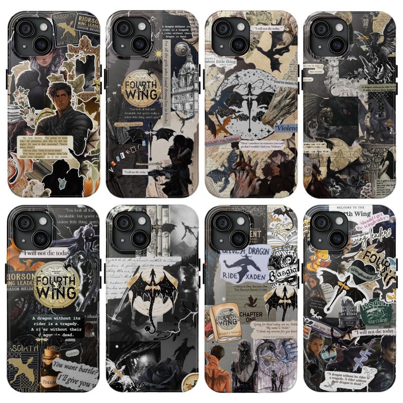 May include: A collection of phone cases with various designs. The cases feature a collage aesthetic with images of dragons, text, and illustrations. The color palette is primarily black, white, and shades of gray, creating a gothic or fantasy theme.
