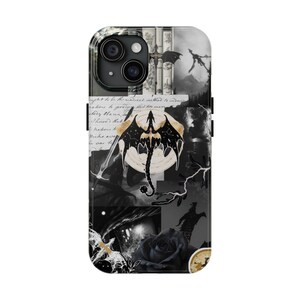 May include: Black and white phone case with a collage design. The case features a dragon, a rose, and text. The design includes a mix of gothic and fantasy elements, with a dark aesthetic.