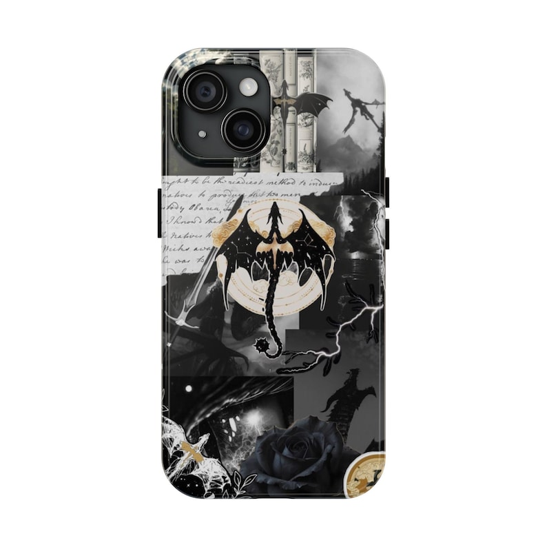 May include: Black and white phone case with a collage design. The case features a dragon, a rose, and text. The design includes a mix of gothic and fantasy elements, with a dark aesthetic.