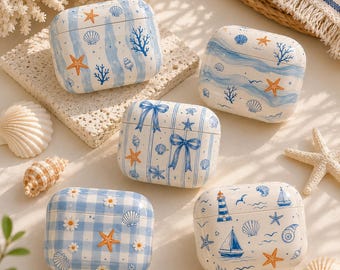 Coquette Italian Summer Airpods Case, Vintage Lobster Earbud Cover, Cute Ocean Sea Shell Coral Stripe Case Protective for AirPods 4 3 Pro 2