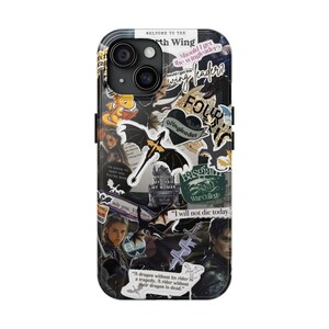 May include: A black and white phone case with a collage design. The case features various images and text, including the words "Welcome to the Fourth Wing" and "Wing Leader". The design includes images of dragons and characters.