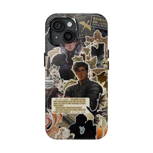 May include: Black and white phone case featuring a collage of illustrations and text. The design includes images of two people, floral elements, and text that reads "BASGIATH WAR COLLEGE" and "RIORSO HING LEADER SHADOW HIELDER".