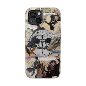 May include: A phone case with a collage design featuring dragons, text, and vintage paper elements. The case has a black camera lens and a glossy finish. Text includes "Violence" and "I will not die today."