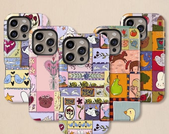 Folk Art Patchwork Phone Case: Cute Pastel Cover for iPhone 17 16 15 14 13 12 11 + MagSafe, Samsung Galaxy S26 S25 S24 S23 Ultra