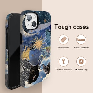 May include: A phone case with a celestial design featuring a sun, moon, stars, and cats. The case is blue with a black border and the words "Tough cases". The case is shake-proof, has a raised bezel lip, is scratch resistant, and has an excellent grip.