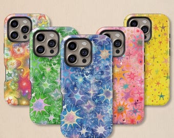Whimsical Watercolor Star Phone Case: Psychedelic Star Cover for iPhone 17 16 15 14 13 12 11 + MagSafe, Samsung Galaxy S26 S25 S24 S23 Ultra