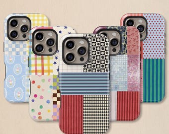Whimsical Patchwork Phone Case: Retro Patchwork Cover for iPhone 17 16 15 14 13 12 11 + MagSafe, Samsung Galaxy S26 S25 S24 S23 Ultra