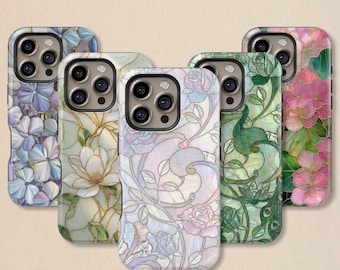 Stained Glass Floral Tough Phone Case for iPhone 11-17 Pro Max and Samsung Series