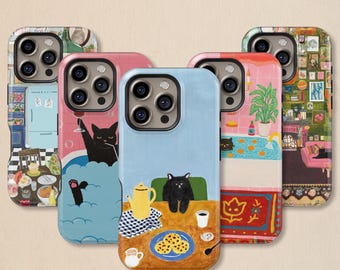 Cozy Black Cat Lifestyle Phone Case: Cat Home Scene Cover for iPhone 17 16 15 14 13 12 11 + MagSafe, Samsung Galaxy S26 S25 S24 S23 Ultra