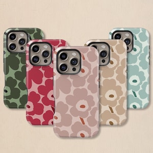 May include: Five phone cases with floral patterns in various colors: olive green, red, light pink, tan, and light blue. Each case has a black camera lens cutout and a matching black border. The floral design is consistent across all cases.