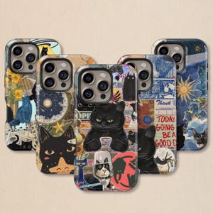 Scrapbook Black Cat Collage Phone Case: Vintage Cat Cover för iPhone 17 16 15 14 13 12 11 + MagSafe, Samsung Galaxy S26 S25 S24 S23 Ultra