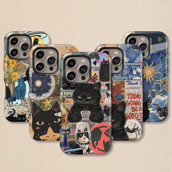 Scrapbook Black Cat Collage Phone Case: Vintage Cat Cover for iPhone 18 17 16 15 14 13 12 11 + MagSafe, Samsung Galaxy S26 S25 S24 S23 Ultra