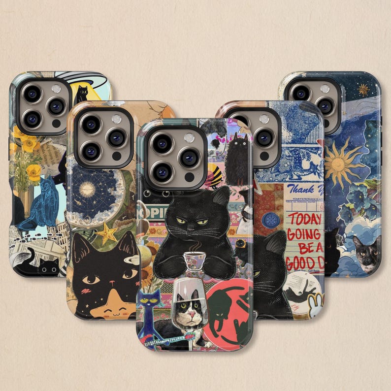 May include: A collection of five phone cases with unique cat-themed designs. Each case features a different collage of images, including black cats, celestial elements, and text. The cases are in various colors, including blue, beige, and black.