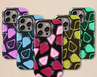 Colorful Strawberry Print Tough Phone Case for iPhone 11-17 Pro Max and Samsung Series