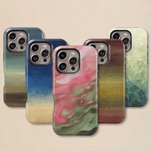 May include: A collection of five phone cases with unique abstract designs. The cases feature a variety of colors, including blue, pink, green, and brown, with artistic patterns. Each case has a camera cutout and a protective bumper.