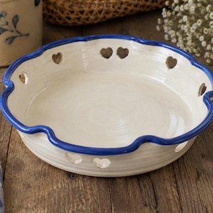 Heart Cutout Pie Plate Blue Rim Signed Studio Pottery