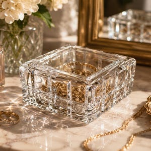 May include: A square, clear glass trinket box with a faceted, grid-like geometric pattern on its exterior. The box features a removable lid and contains gold-toned jewelry pieces visible through the transparent walls of the container.