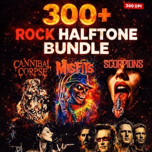 300+ Rock Halftone PNG Bundle DTF DTG Designs för T-shirttryck Retro Sublimering Vintage Band Style Graphic Pack Rockband T-shirt pod