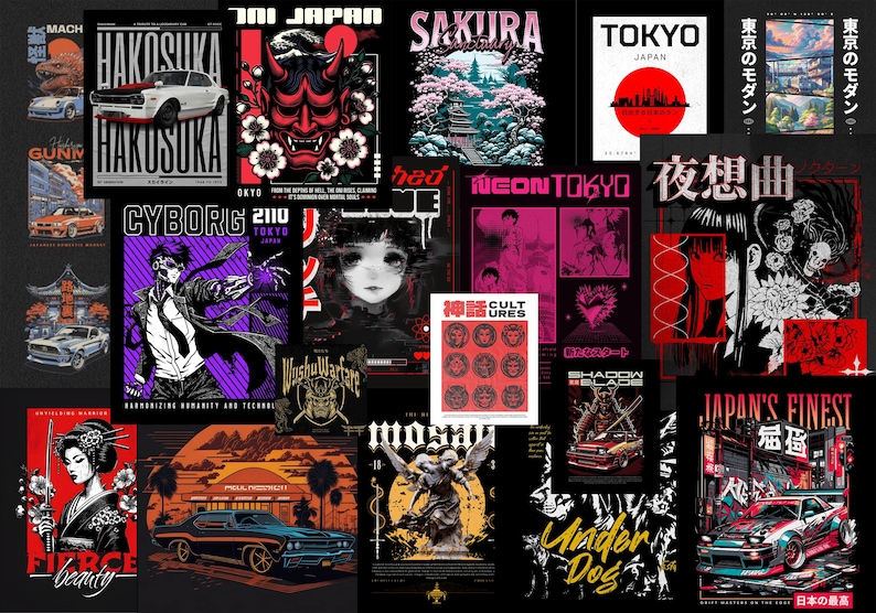 May include: A collage of graphic art prints with Japanese themes. Designs include a red demon mask, cherry blossoms, cityscapes, and stylized illustrations of cars and figures. Text includes "TOKYO", "HAKOSUKA", and "CYBORG".