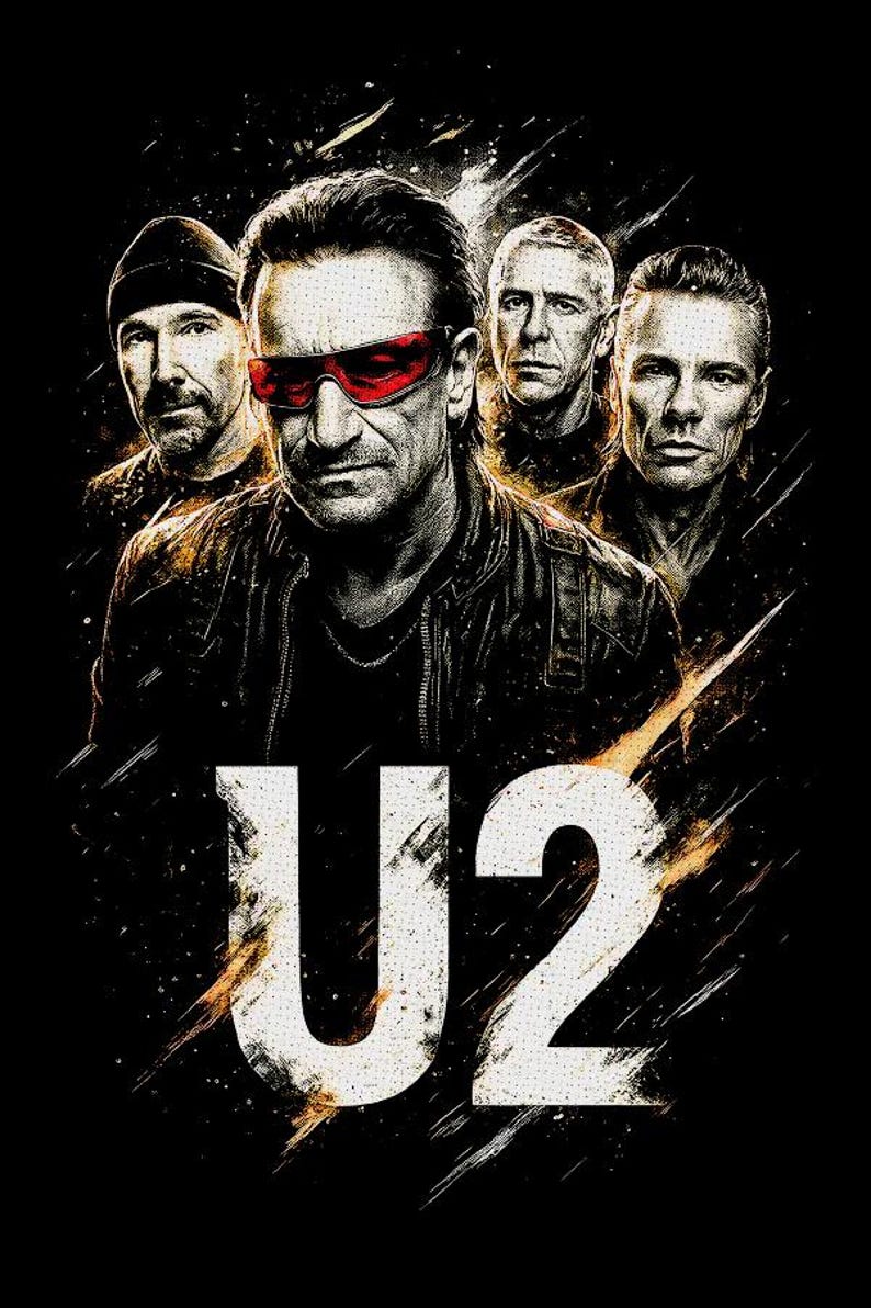 May include: Digital art print featuring the band U2. The image shows four band members with a black background and the band's name in large white letters. Bono is in the center wearing red sunglasses.