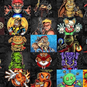May include: A collection of twenty-five distinct cartoon-style character illustrations arranged in a grid. The characters include a green monster, a taco, a burger, a squirrel, a mummy, a dinosaur, a pumpkin, and various fantasy figures.