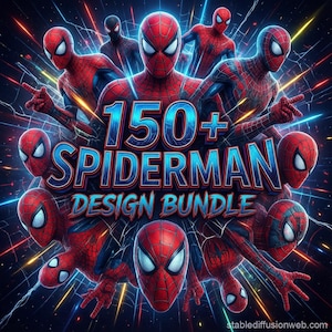 May include: A digital design bundle featuring multiple illustrations of Spider-Man in various poses. The image has a dark blue background with web-like lines and the text "150+ SPIDERMAN DESIGN BUNDLE" in blue and white.