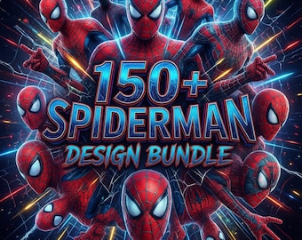May include: A digital design bundle featuring multiple illustrations of Spider-Man in various poses. The image has a dark blue background with web-like lines and the text "150+ SPIDERMAN DESIGN BUNDLE" in blue and white.