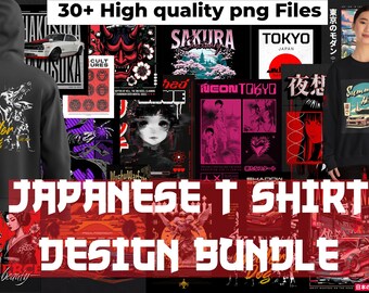 May include: A collection of Japanese-themed designs, including t-shirt graphics, posters, and illustrations. The designs feature elements like anime characters, cherry blossoms, and Japanese text. The image includes a black hoodie and a black sweatshirt.