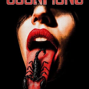 May include: Image features the word "SCORPIONS" in red block letters above a person's open mouth. A black scorpion is on the person's red tongue. The background is black.