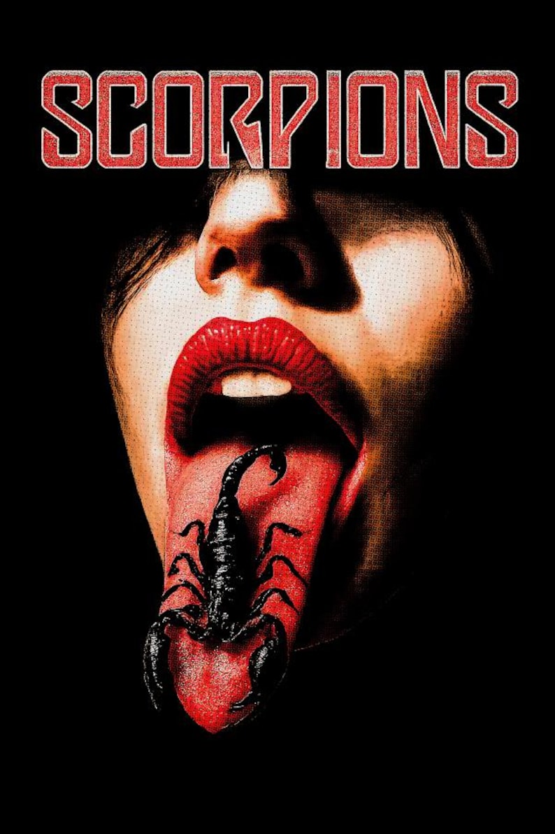 May include: Image features the word "SCORPIONS" in red block letters above a person's open mouth. A black scorpion is on the person's red tongue. The background is black.