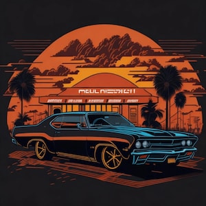 May include: Illustration of a classic black car with orange and blue accents, set against a sunset backdrop with palm trees and a building. The image has a retro, vintage vibe.