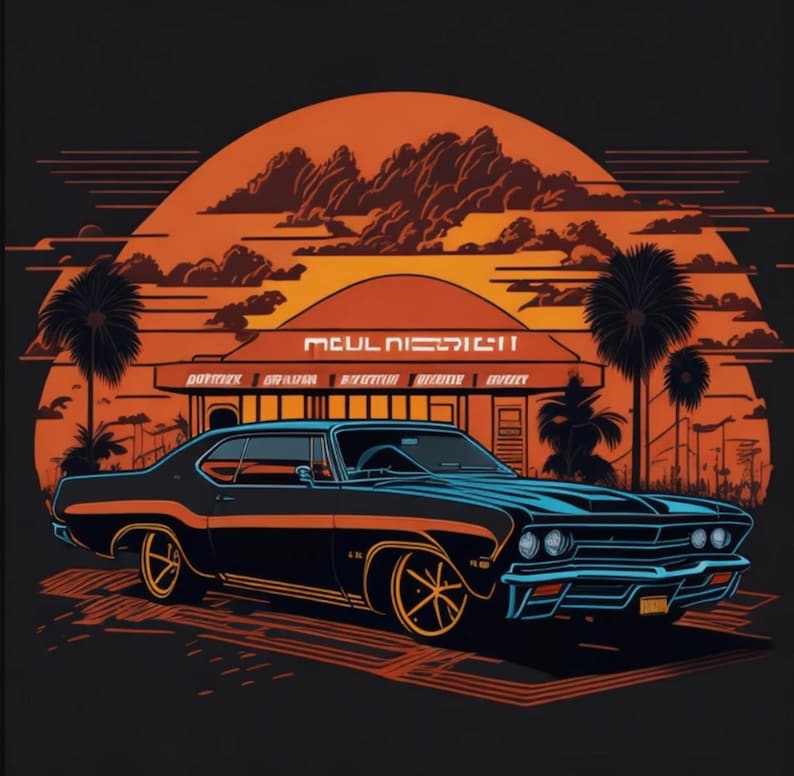 May include: Illustration of a classic black car with orange and blue accents, set against a sunset backdrop with palm trees and a building. The image has a retro, vintage vibe.