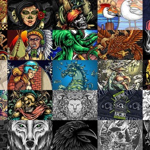 May include: A collection of twenty-five diverse graphic illustrations featuring various subjects including skulls, mythical creatures, warriors, animals, and motorcycles, presented in a grid layout with vibrant colors and detailed line work.
