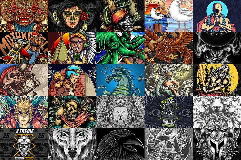 May include: A collection of twenty-five diverse graphic illustrations featuring various subjects including skulls, mythical creatures, warriors, animals, and motorcycles, presented in a grid layout with vibrant colors and detailed line work.