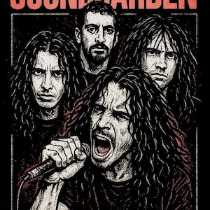 May include: A black and red graphic featuring the band Soundgarden. The image shows four band members, with the lead singer in the foreground singing into a microphone. The band's name is printed in red at the top.