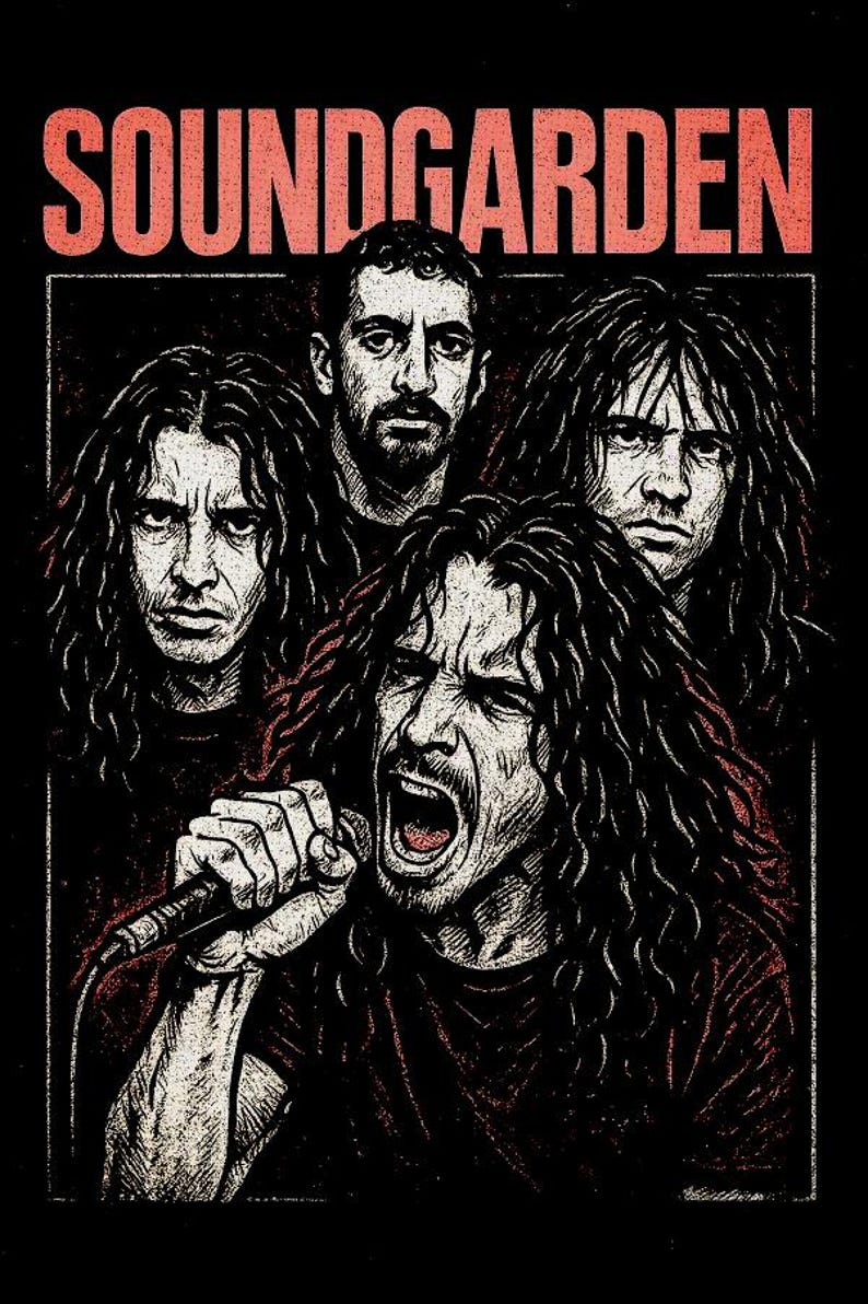 May include: A black and red graphic featuring the band Soundgarden. The image shows four band members, with the lead singer in the foreground singing into a microphone. The band's name is printed in red at the top.