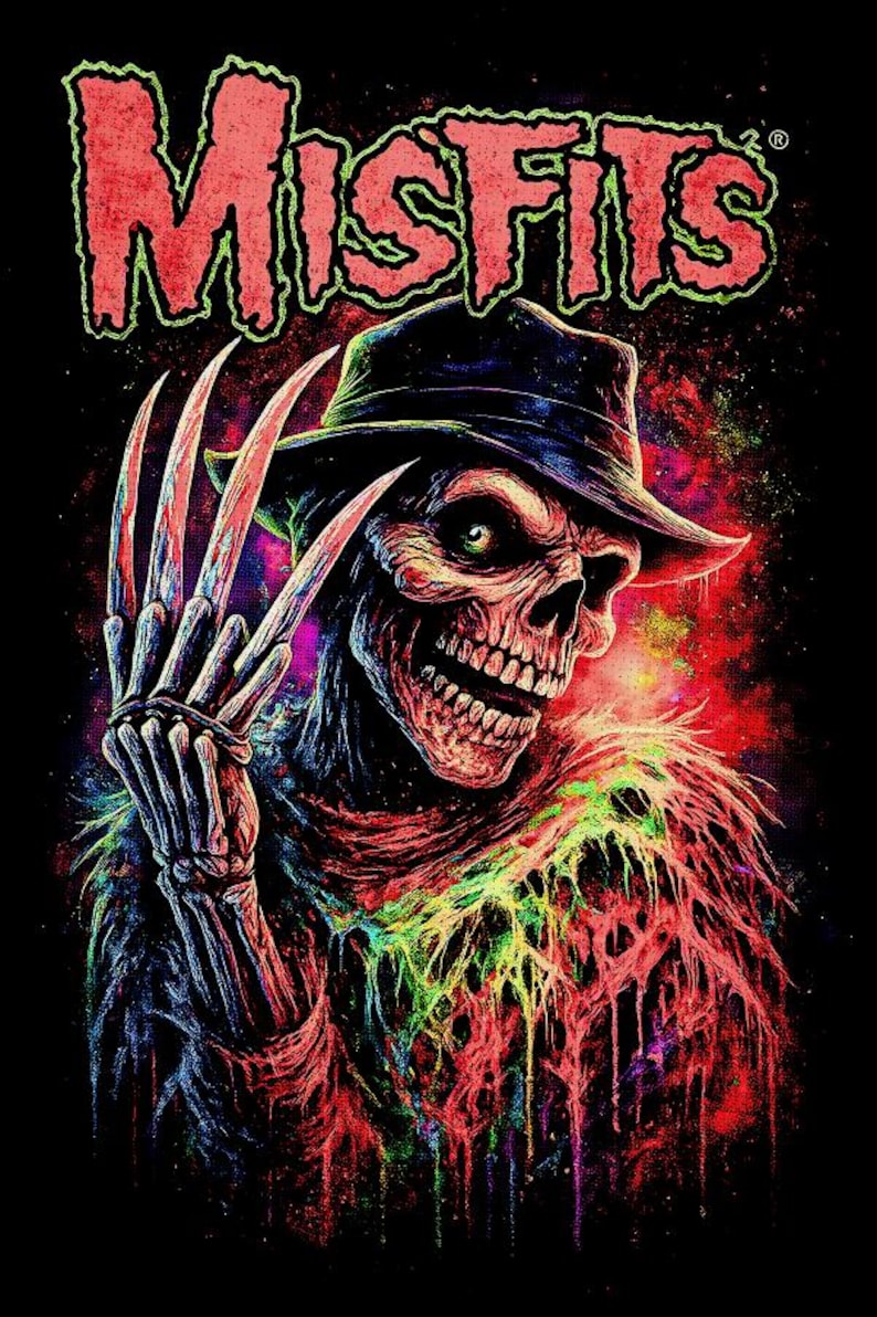 May include: A vibrant graphic featuring the word "Misfits" in red, above a skeletal figure wearing a hat and holding clawed fingers. The artwork has a dark background with splashes of red, green, and blue.