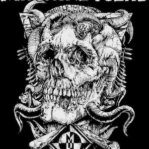 May include: Black and white graphic featuring a detailed skull with horns, surrounded by bone-like structures. The text "MACHINE HEAD" is arched above the skull. Below the skull is a diamond shape with the letters "M H" inside.