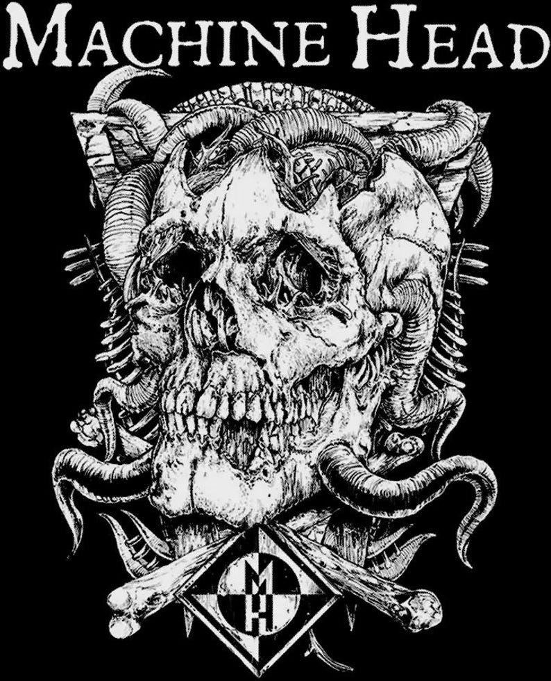 May include: Black and white graphic featuring a detailed skull with horns, surrounded by bone-like structures. The text "MACHINE HEAD" is arched above the skull. Below the skull is a diamond shape with the letters "M H" inside.