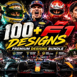 以下が含まれることがあります： 100+ F1 DESIGNS PREMIUM DESIGNS BUNDLEというテキストが記載された、F1ドライバーとレーシングカーのデジタルグラフィック。レーシングギアを身にまとったドライバーのポートレート、ヘルメット、鮮やかな照明のトラック上の複数のF1カーで構成されています。