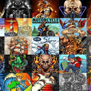 May include: A collection of colorful, vintage-style illustrations. Themes include motorcycles, sailing, skateboarding, and skulls. Text includes "Cafe Racer", "Ride Wild", "Set Sail & Co", "Motorcycle", "Courage", "On the Slopes", and "Sunset Drive".