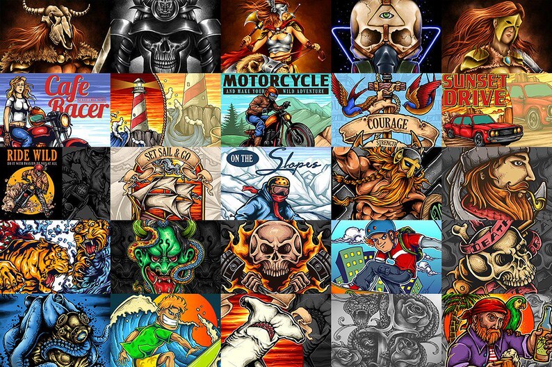 May include: A collection of colorful, vintage-style illustrations. Themes include motorcycles, sailing, skateboarding, and skulls. Text includes "Cafe Racer", "Ride Wild", "Set Sail & Co", "Motorcycle", "Courage", "On the Slopes", and "Sunset Drive".