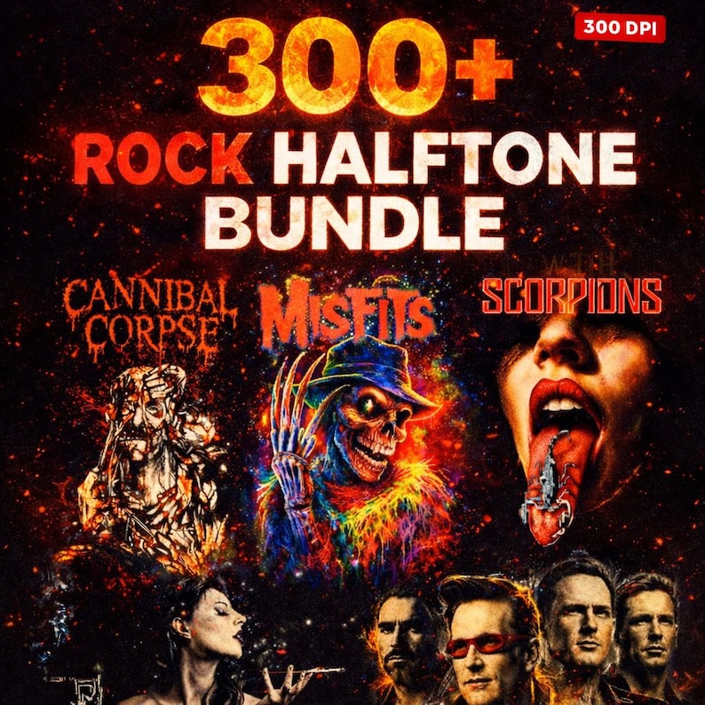 May include: A promotional image for a rock halftone bundle. The image features the text "300+ ROCK HALFTONE BUNDLE" in orange and white. Below are illustrations of the bands Cannibal Corpse, Misfits, and Scorpions. The background is dark with a speckled effect.