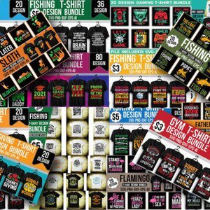 May include: A digital collection of t-shirt design bundles featuring various themes including gym, fishing, gaming, friendship, thanksgiving, and flamingo graphics. Each section displays multiple shirt mockups with text and illustrations.