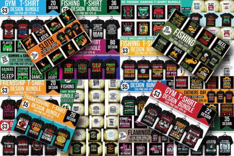 May include: A digital collection of t-shirt design bundles featuring various themes including gym, fishing, gaming, friendship, thanksgiving, and flamingo graphics. Each section displays multiple shirt mockups with text and illustrations.