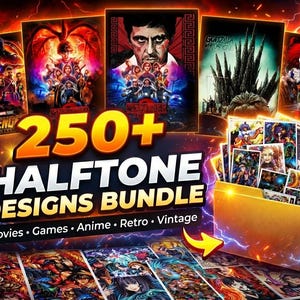 May include: An advertisement for a halftone designs bundle. The image shows various movie posters, a box filled with smaller designs, and the text "250+ HALFTONE DESIGNS BUNDLE" with the categories "Movies, Games, Anime, Retro, Vintage".