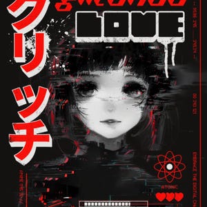 May include: A black and white graphic print featuring a stylized portrait of a person with large eyes, surrounded by red and white text including "glitched love" and Japanese characters. The design includes a loading bar at 76%, three red hearts, and an atomic symbol.