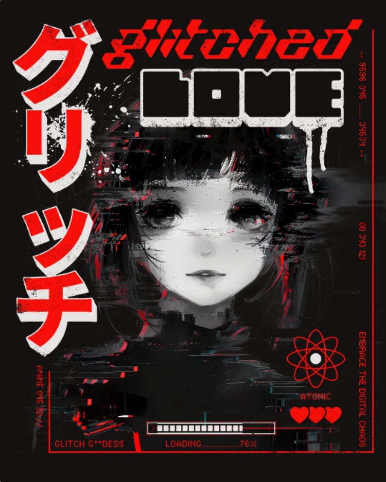 May include: A black and white graphic print featuring a stylized portrait of a person with large eyes, surrounded by red and white text including "glitched love" and Japanese characters. The design includes a loading bar at 76%, three red hearts, and an atomic symbol.